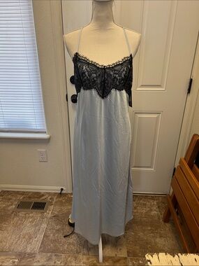 NWT wild Fable Light Blue Long Slip Dress/Nightgown with Black Lace Trim Size L